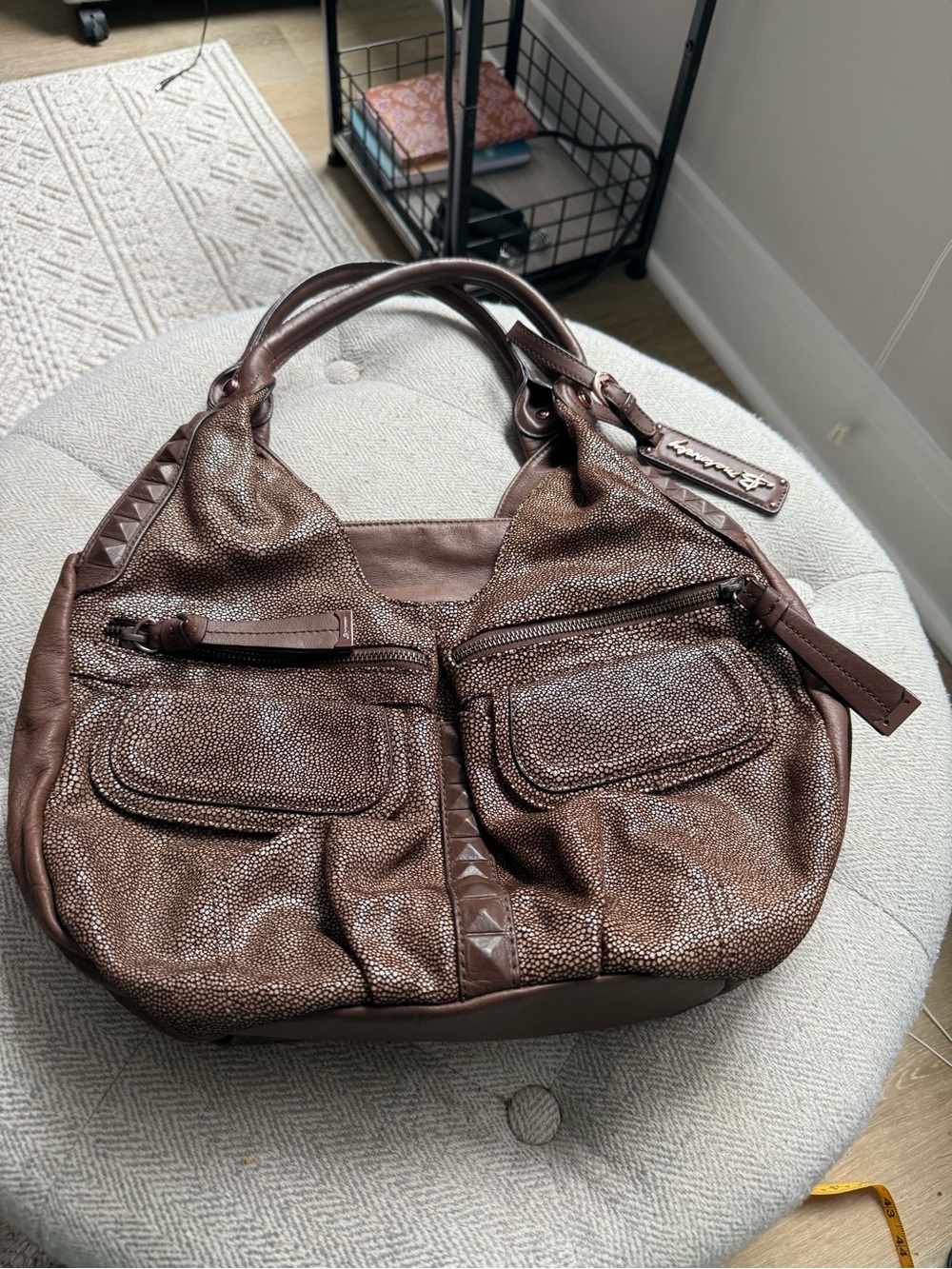 B. Makowsky Brown Leather Stingray Hobo Bag Copper Hardware